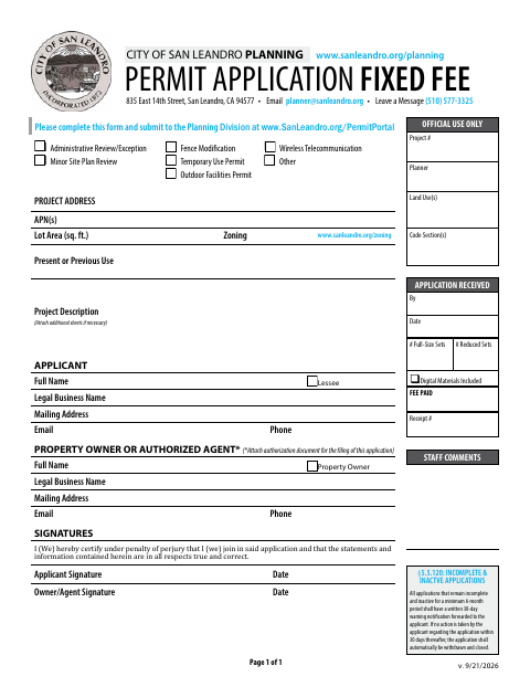 First page of the Permit Application Fixed Fee