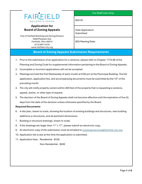 First page of the Application for Board of Zoning Appeals