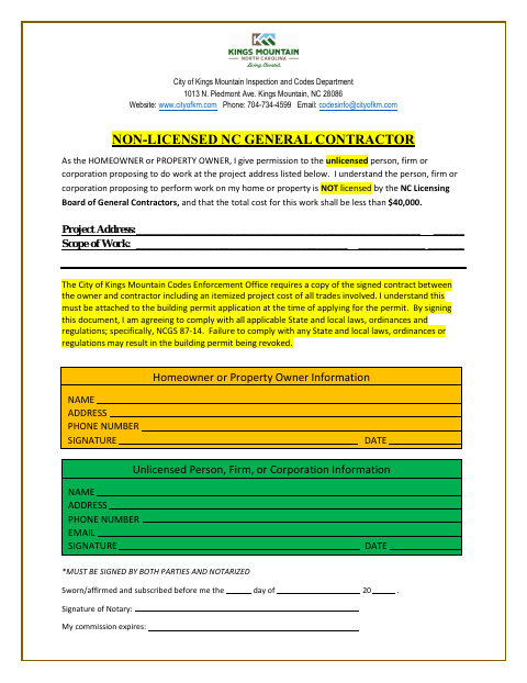 First page of the Non-Licensed NC General Contractor