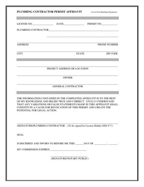 First page of the Plumbing Contractor Permit Affidavit