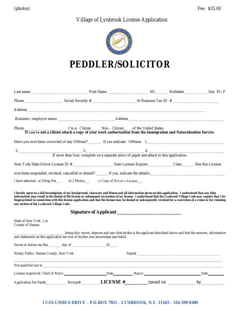 First page of the Peddler and Solicitor License Application