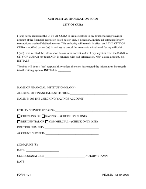 First page of the ACH Debit Authorization Form