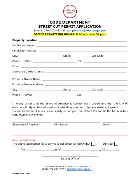 First page of the Street Cut Permit Application
