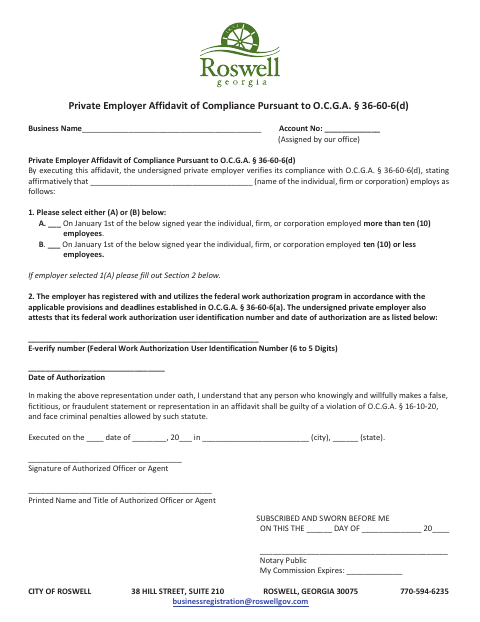 First page of the Private Employer Affidavit of Compliance