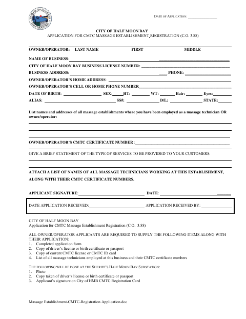 First page of the CMTC Massage Establishment Registration Application
