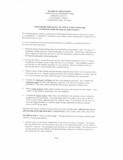 First page of the Board of Adjustment Variance Application Packet