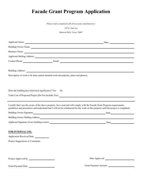 First page of the Facade Grant Program Application