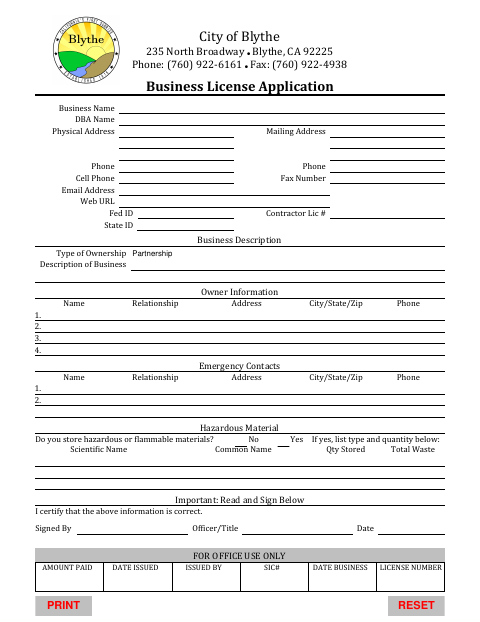 First page of the Business License Application