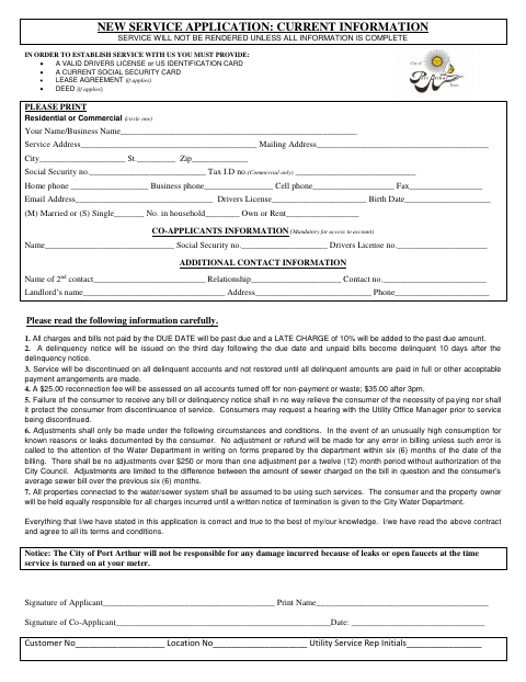 First page of the New Service Application