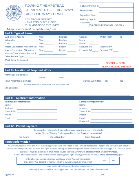 First page of the Right of Way Permit Application