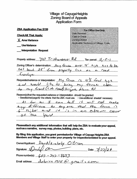 First page of the Zoning Board of Appeals Application