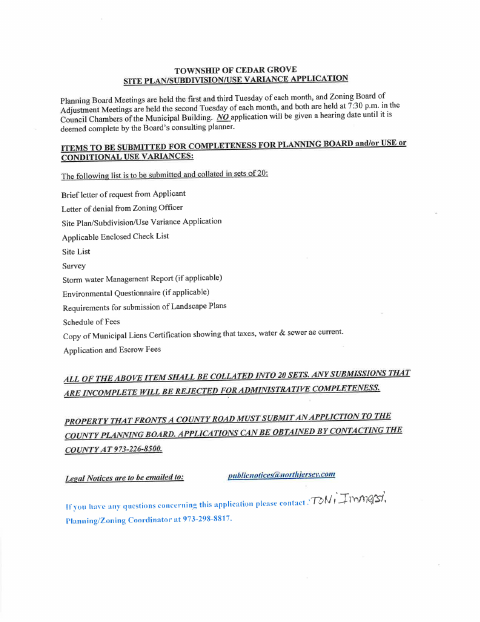 First page of the Site Plan, Subdivision, and Use Variance Application