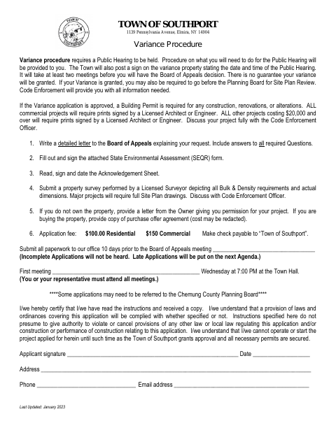 First page of the Area Variance Application