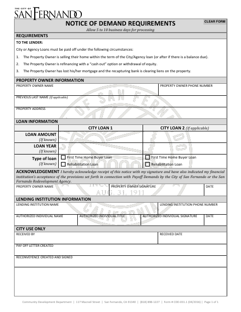 First page of the Notice of Demand Requirements