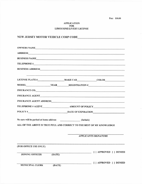 First page of the Limousine Vehicle License Application