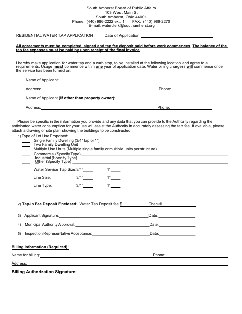 First page of the Residential Water Tap Application