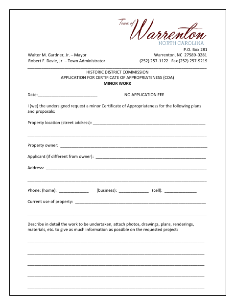 First page of the Historic District Commission Application for Certificate of Appropriateness Minor Work