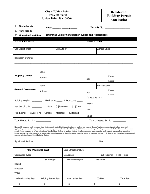 First page of the Residential Building Permit Application