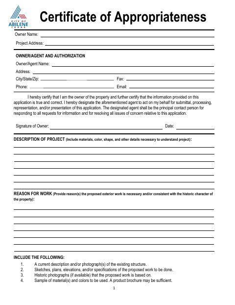 First page of the Certificate of Appropriateness