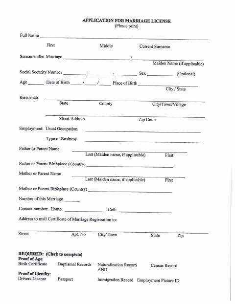First page of the Application for Marriage License