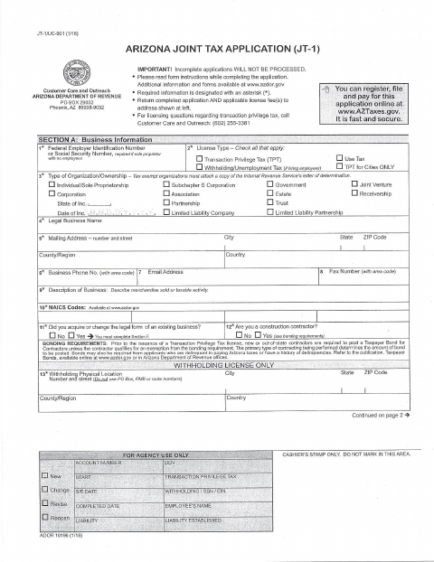 First page of the Arizona Joint Tax Application