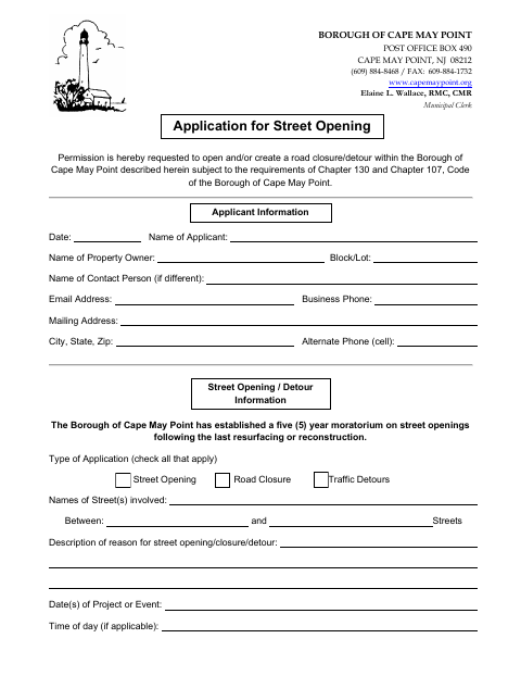 First page of the Application for Street Opening