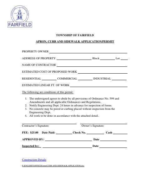 First page of the Apron, Curb and Sidewalk Application/Permit