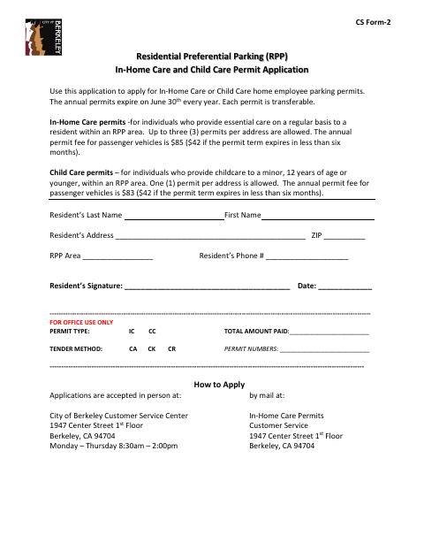 First page of the Residential Preferential Parking In-Home Care and Child Care Permit Application