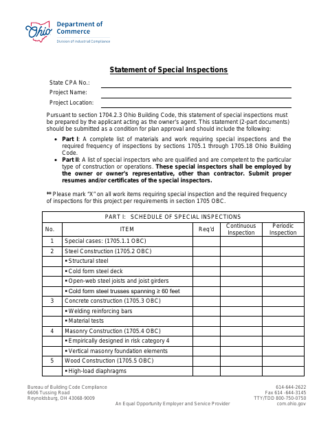 First page of the Statement of Special Inspections