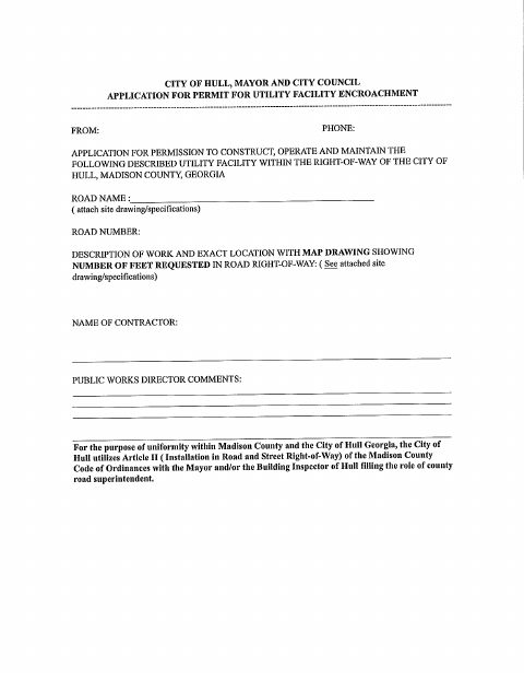 First page of the Utility Facility Encroachment Permit Application