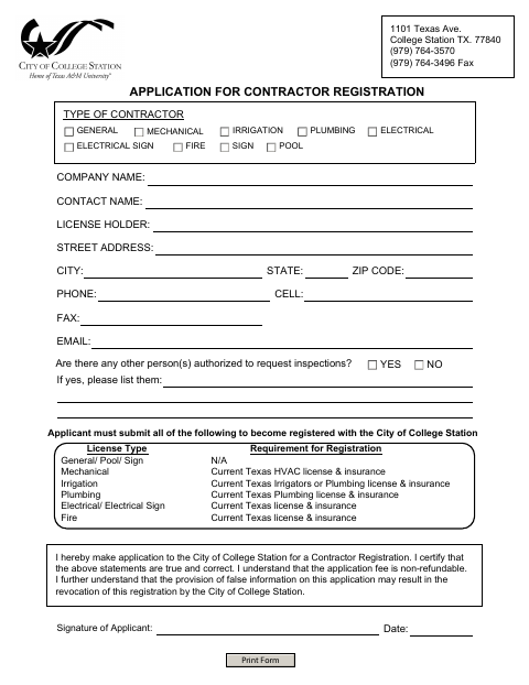 First page of the Application for Contractor Registration