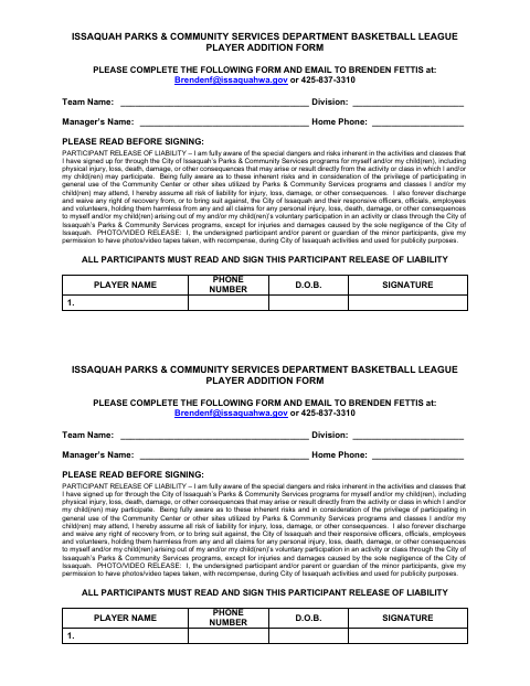 First page of the Basketball League Player Addition Form