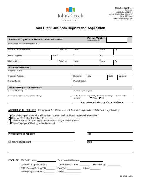 First page of the Non-Profit Business Registration Application
