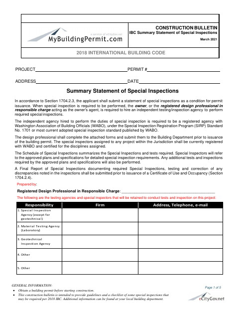First page of the Summary Statement of Special Inspections