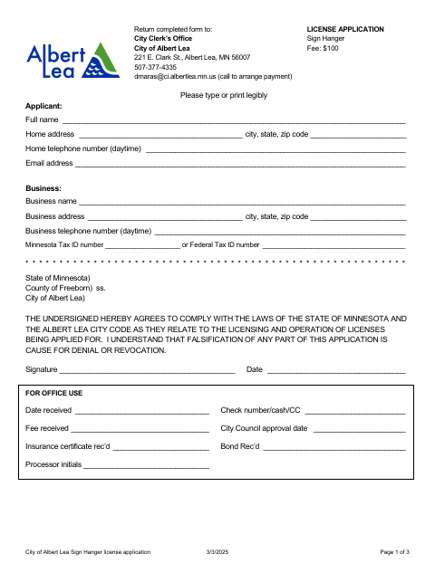 First page of the Sign Hanger License Application