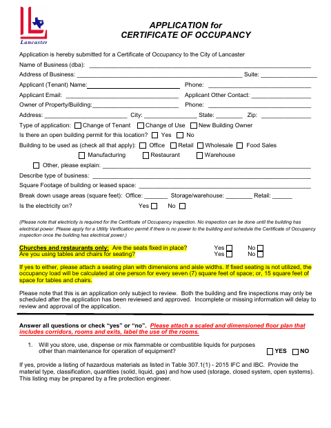 First page of the Certificate of Occupancy Application