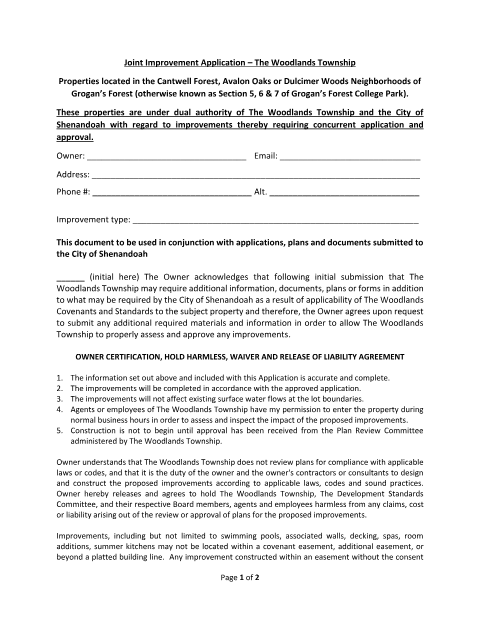 First page of the Joint Township Improvement Application
