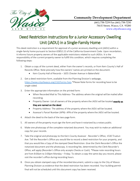First page of the Junior Accessory Dwelling Unit Deed Restriction