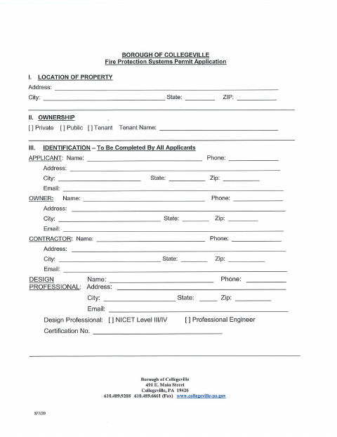 First page of the Fire Protection Systems Permit Application