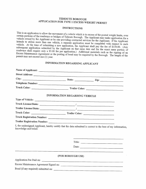 First page of the Excess Weight Permit Application