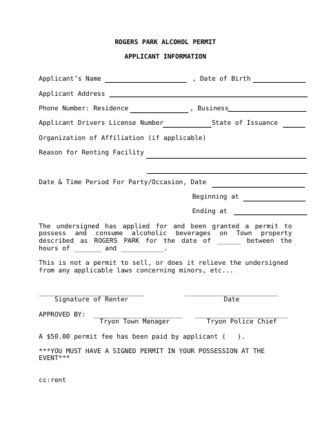 First page of the Rogers Park Alcohol Permit Application