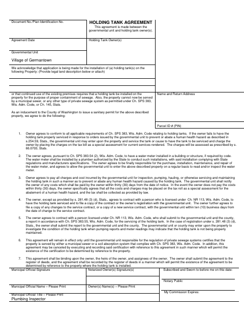 First page of the Holding Tank Agreement