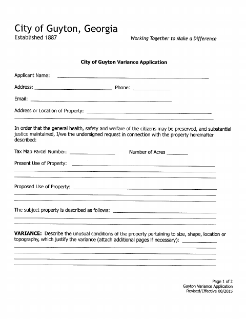 First page of the Variance Application