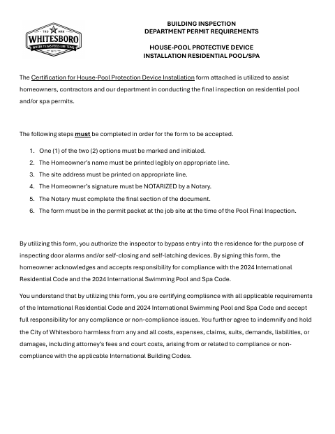 First page of the House-Pool Protective Device Installation Certification