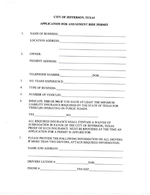 First page of the Application for Amusement Ride Permit