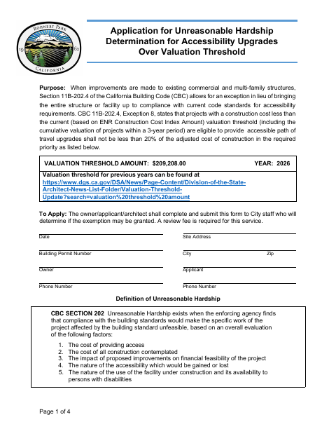 First page of the Application for Unreasonable Hardship Determination for Accessibility Upgrades Over Valuation Threshold