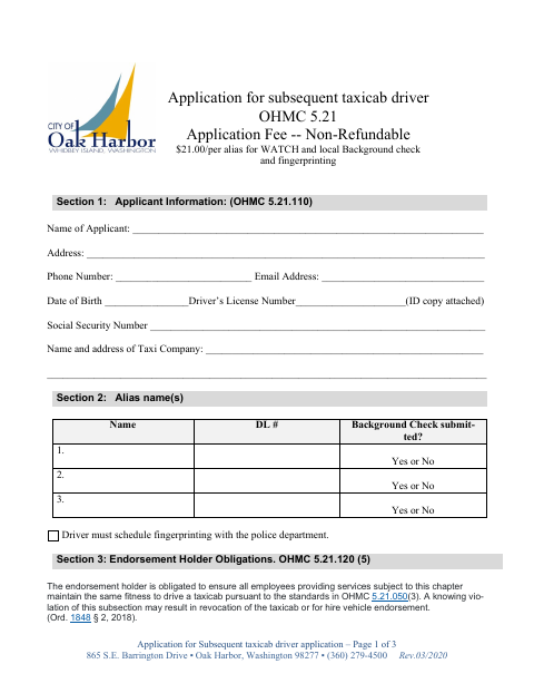 First page of the Application for Subsequent Taxicab Driver