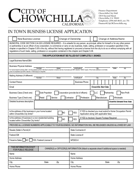 First page of the In-Town Business License Application