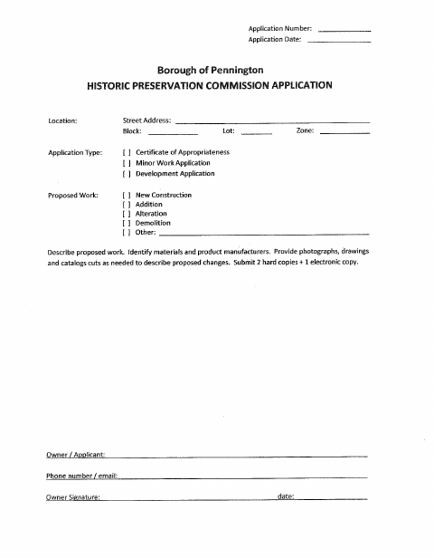 First page of the Historic Preservation Commission Application