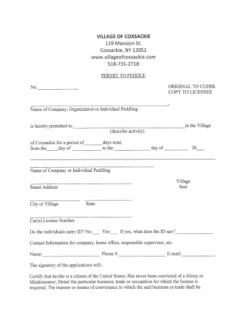 First page of the Application for a Permit to Peddle